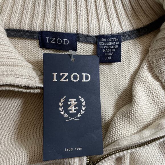 NWT IZOD Mens Cotton Quarter Zip Knit Mock Neck Sweater Stonedust XXL Fisherman - Picture 9 of 9